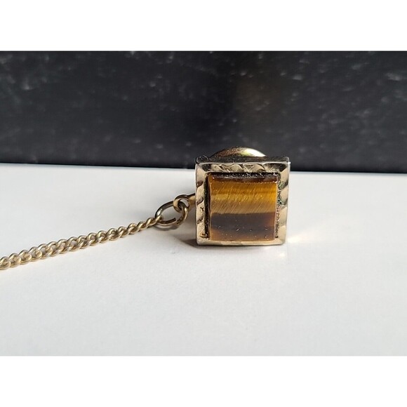 Tigers Eye Square Tie Tack 1970s - Picture 3 of 10